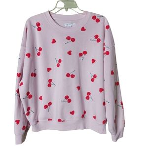 Grayson Threads Light Pink Crewneck Sweater W/Red Heart & Cherries Size M